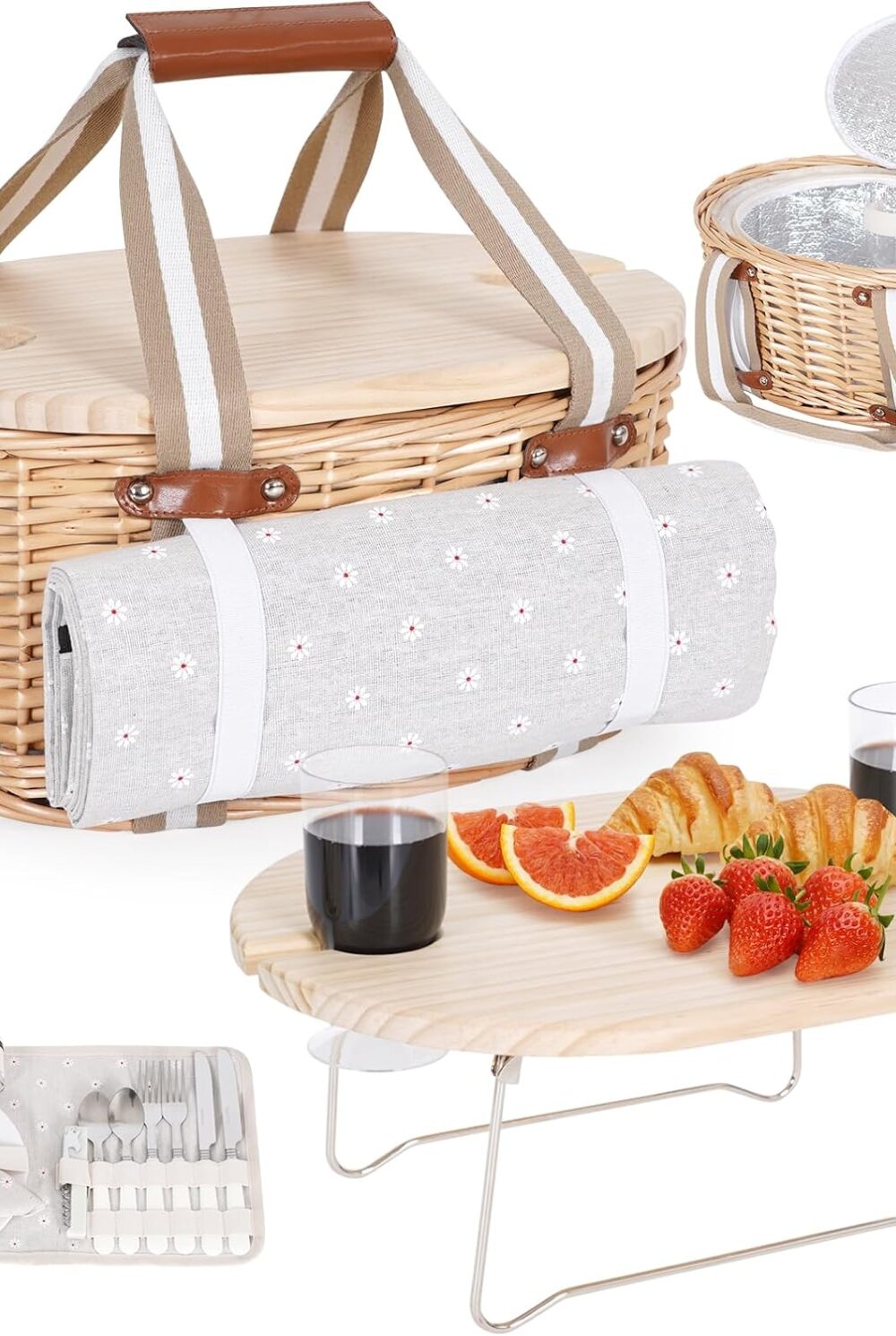 Picnic Basket Set for 2 - Wicker Insulated Picnic Basket | Picnic Baskets Kit for Camping with Waterproof Blanket,Folding Wine Picnic Table & Cutlery Kits (White Flower)