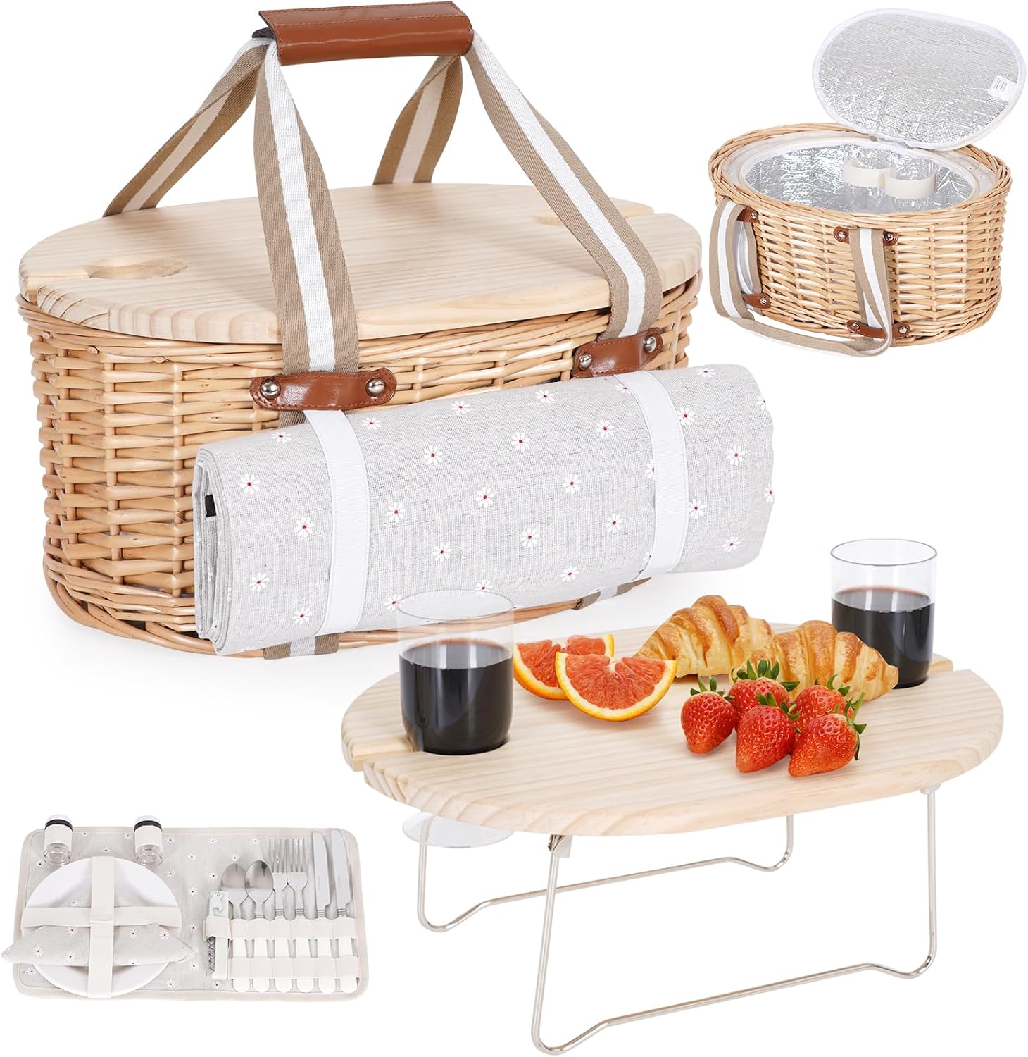 Picnic Basket Set for 2 - Wicker Insulated Picnic Basket | Picnic Baskets Kit for Camping with Waterproof Blanket,Folding Wine Picnic Table & Cutlery Kits (White Flower)
