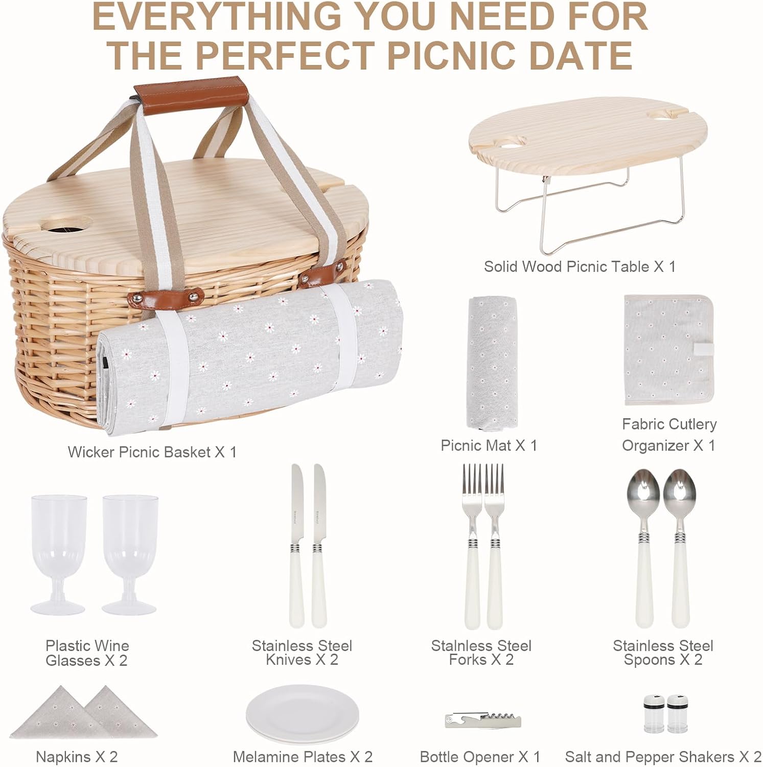 Picnic Basket Set for 2 - Wicker Insulated Picnic Basket | Picnic Baskets Kit for Camping with Waterproof Blanket,Folding Wine Picnic Table & Cutlery Kits (White Flower) - Image 2