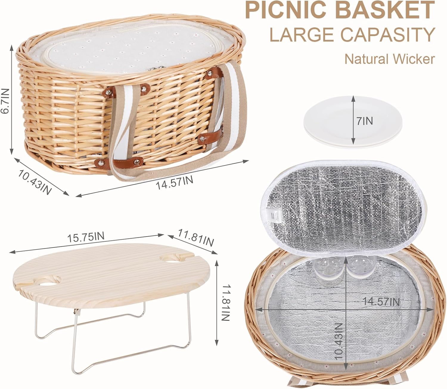 Picnic Basket Set for 2 - Wicker Insulated Picnic Basket | Picnic Baskets Kit for Camping with Waterproof Blanket,Folding Wine Picnic Table & Cutlery Kits (White Flower) - Image 3
