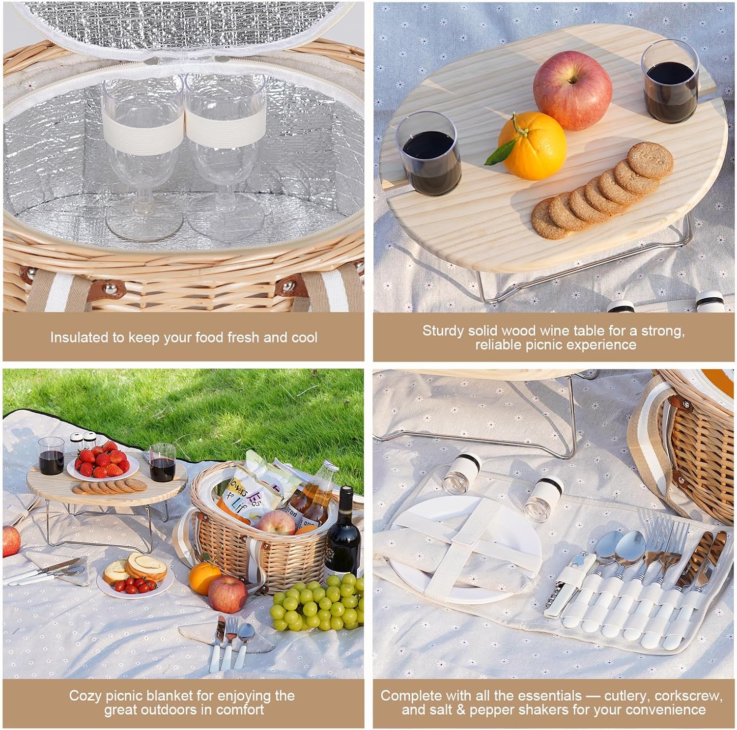 Picnic Basket Set for 2 - Wicker Insulated Picnic Basket | Picnic Baskets Kit for Camping with Waterproof Blanket,Folding Wine Picnic Table & Cutlery Kits (White Flower) - Image 5