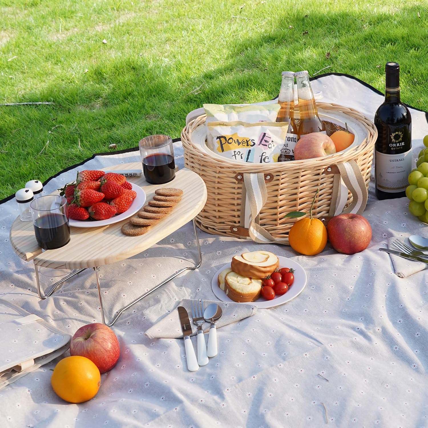 Picnic Basket Set for 2 - Wicker Insulated Picnic Basket | Picnic Baskets Kit for Camping with Waterproof Blanket,Folding Wine Picnic Table & Cutlery Kits (White Flower) - Image 6
