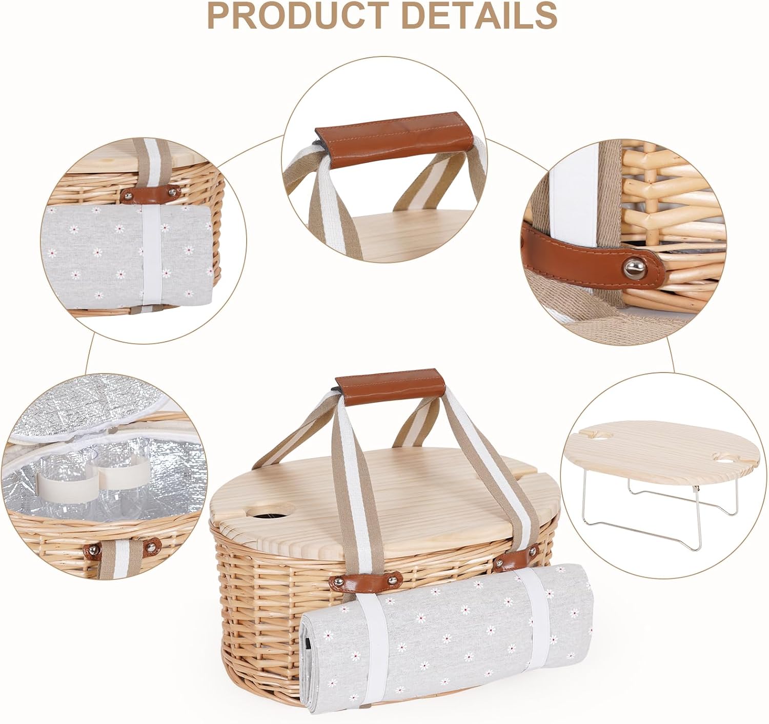 Picnic Basket Set for 2 - Wicker Insulated Picnic Basket | Picnic Baskets Kit for Camping with Waterproof Blanket,Folding Wine Picnic Table & Cutlery Kits (White Flower) - Image 7
