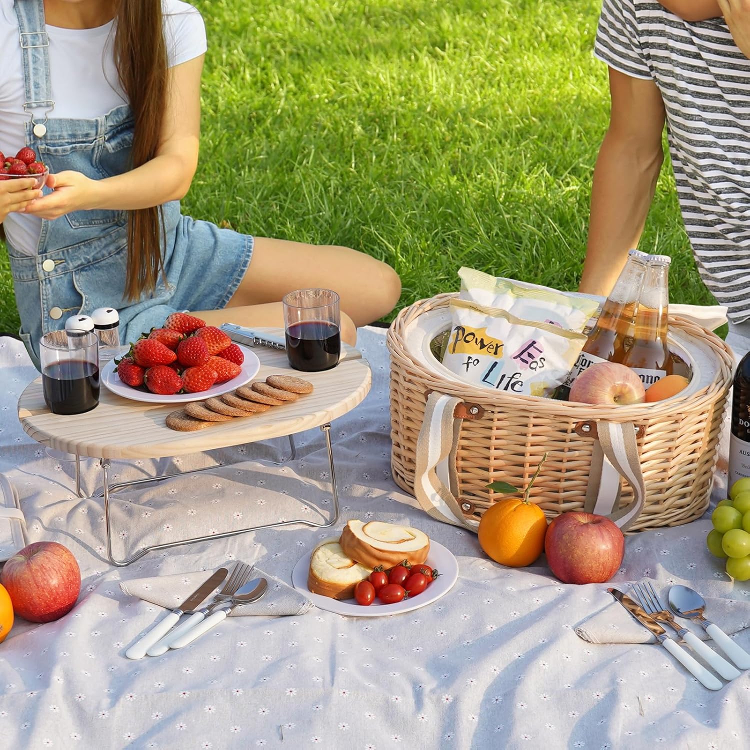 Picnic Basket Set for 2 - Wicker Insulated Picnic Basket | Picnic Baskets Kit for Camping with Waterproof Blanket,Folding Wine Picnic Table & Cutlery Kits (White Flower) - Image 8