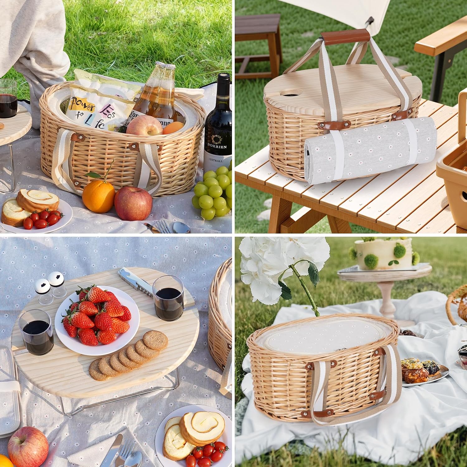 Picnic Basket Set for 2 - Wicker Insulated Picnic Basket | Picnic Baskets Kit for Camping with Waterproof Blanket,Folding Wine Picnic Table & Cutlery Kits (White Flower) - Image 9