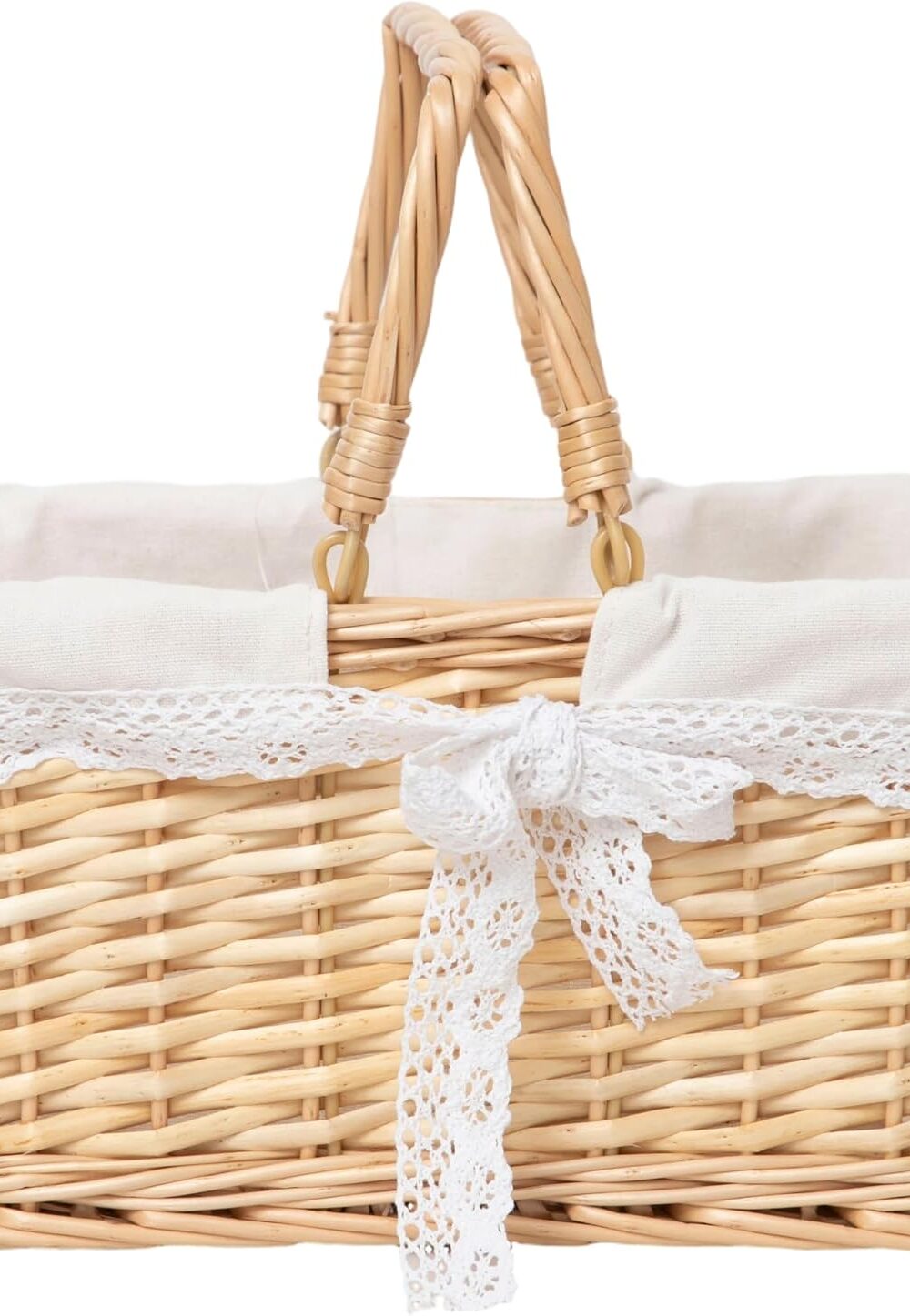 Handwoven Wicker Picnic Basket with Lace Lining, Natural Rattan Tote with Handles, Boho Basket for Outdoor Picnics, Bridal Showers, Weddings & Home Storage