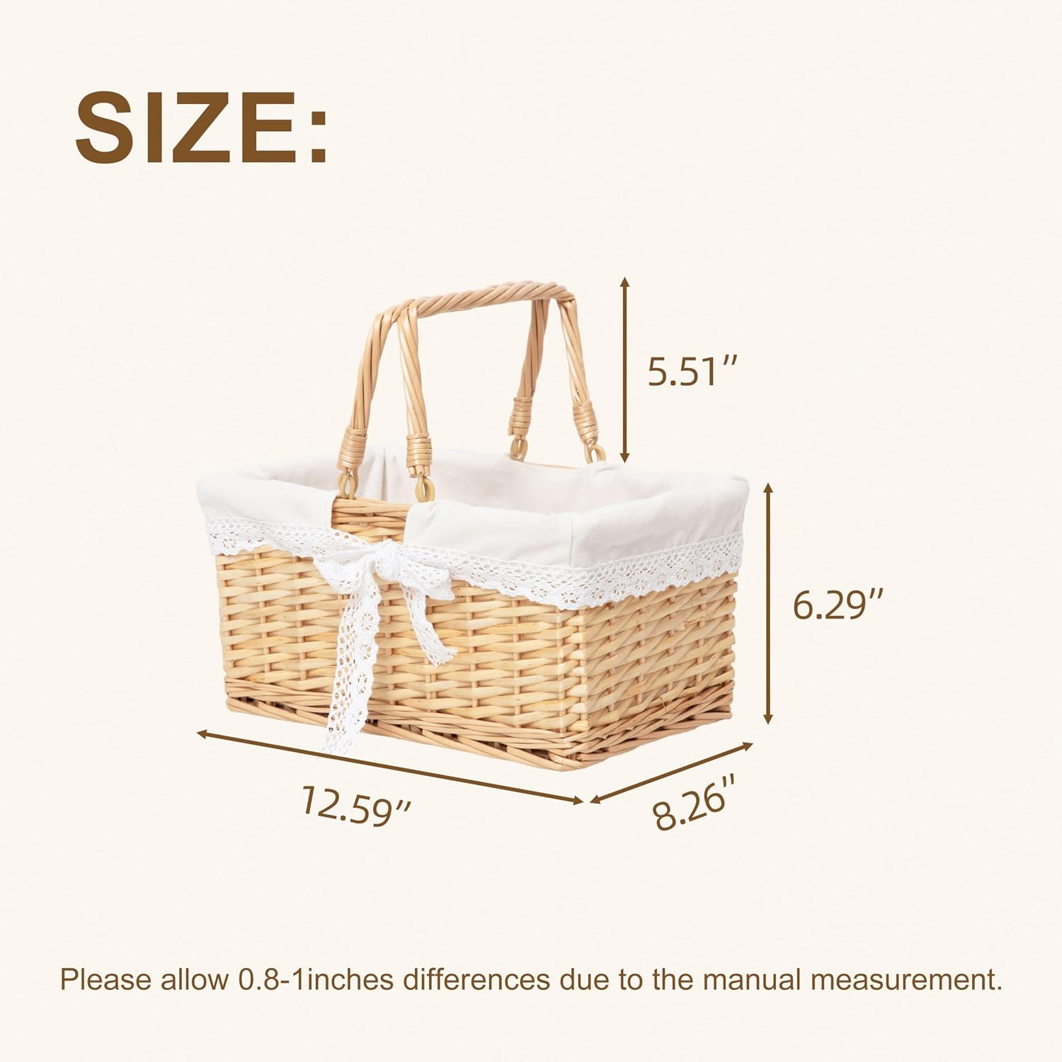 Handwoven Wicker Picnic Basket with Lace Lining, Natural Rattan Tote with Handles, Boho Basket for Outdoor Picnics, Bridal Showers, Weddings & Home Storage - Image 2