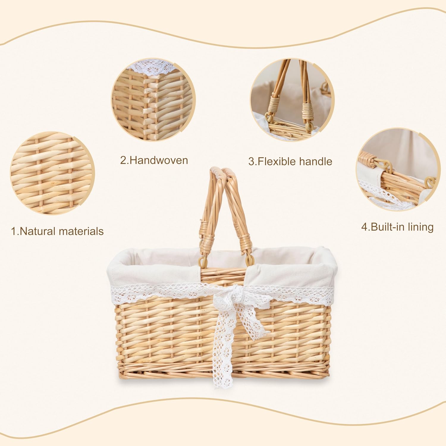 Handwoven Wicker Picnic Basket with Lace Lining, Natural Rattan Tote with Handles, Boho Basket for Outdoor Picnics, Bridal Showers, Weddings & Home Storage - Image 3