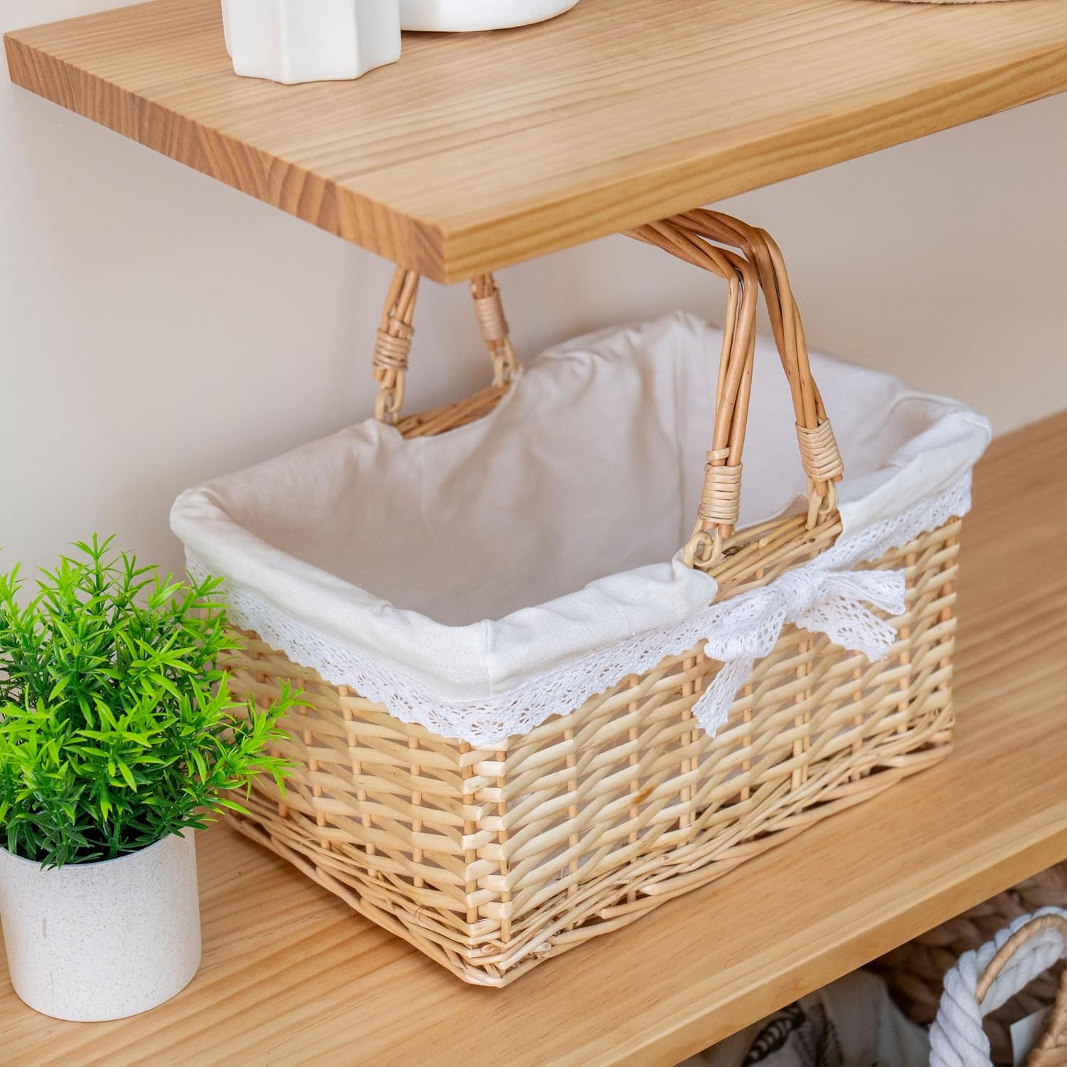 Handwoven Wicker Picnic Basket with Lace Lining, Natural Rattan Tote with Handles, Boho Basket for Outdoor Picnics, Bridal Showers, Weddings & Home Storage - Image 4