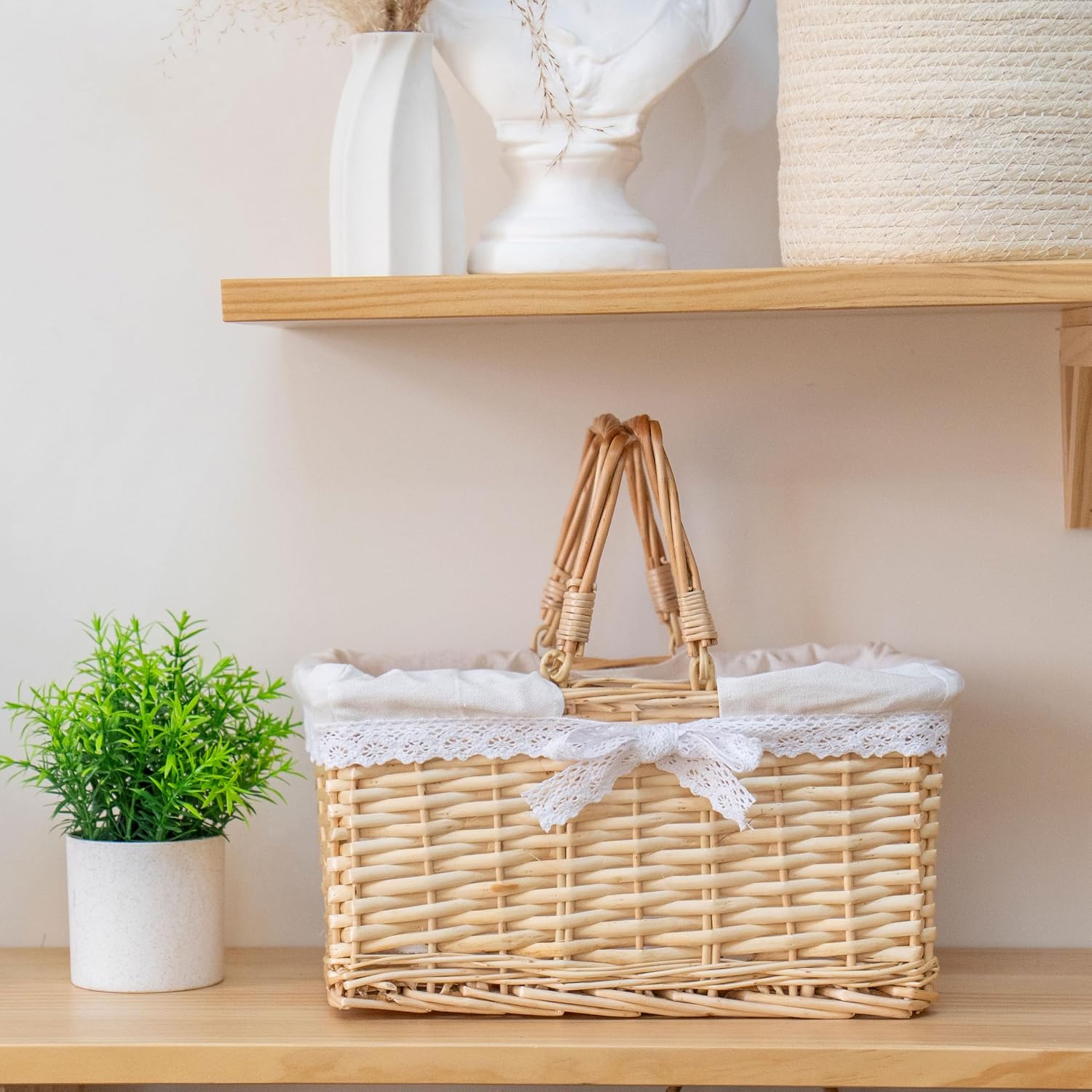Handwoven Wicker Picnic Basket with Lace Lining, Natural Rattan Tote with Handles, Boho Basket for Outdoor Picnics, Bridal Showers, Weddings & Home Storage - Image 6