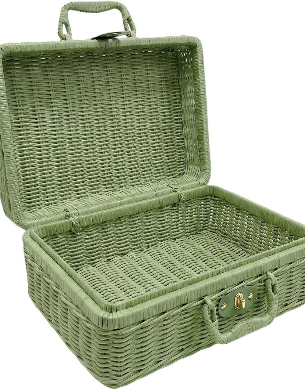 Imitation Wicker Picnic Basket, Small Picnic Basket Imitation Metal Lock Rattan Storage Box with Handles, Imitation Wicker Baskets with Handles for Travel Camping Outdoor Party (Dark Green)