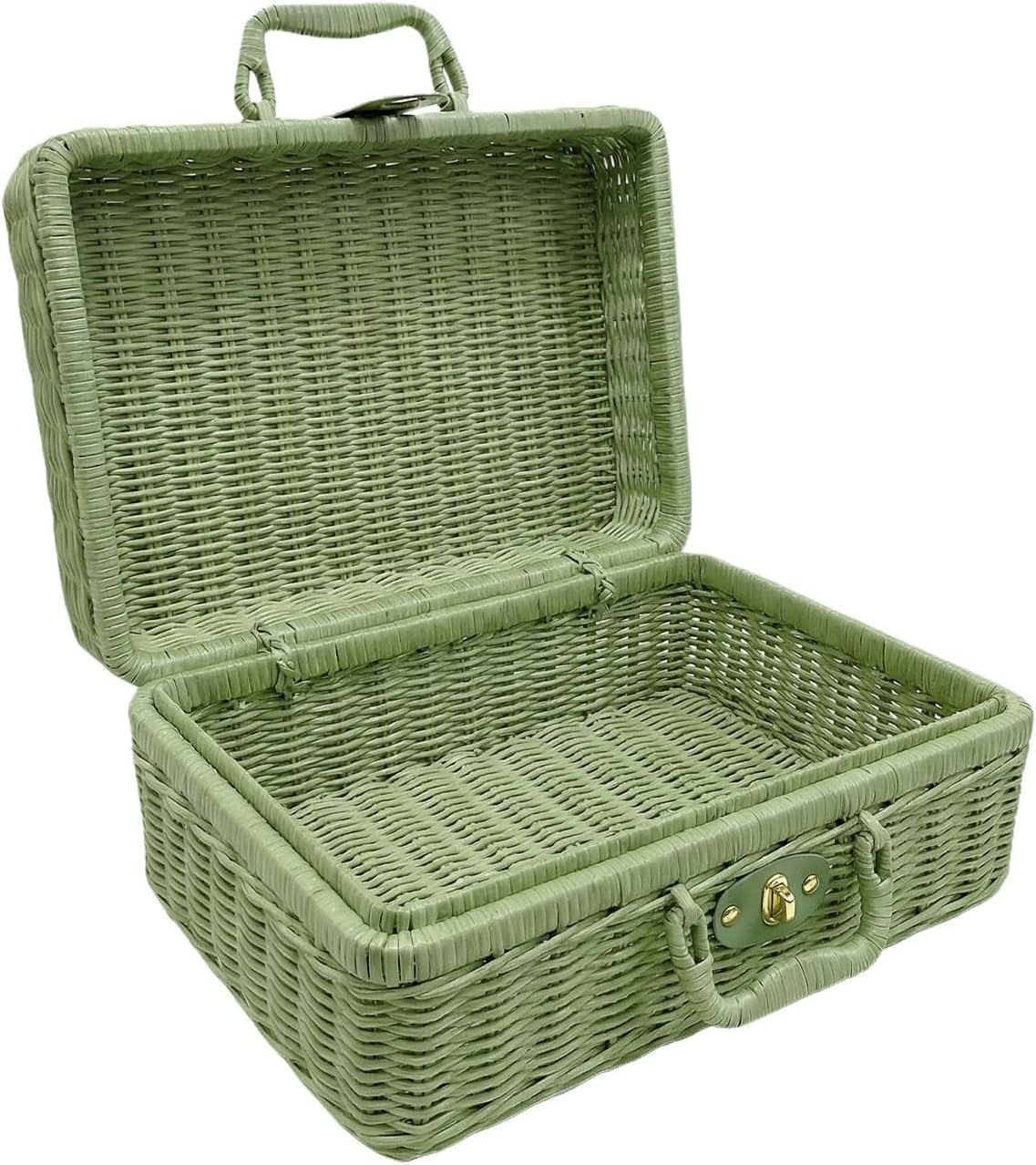 Imitation Wicker Picnic Basket, Small Picnic Basket Imitation Metal Lock Rattan Storage Box with Handles, Imitation Wicker Baskets with Handles for Travel Camping Outdoor Party (Dark Green)