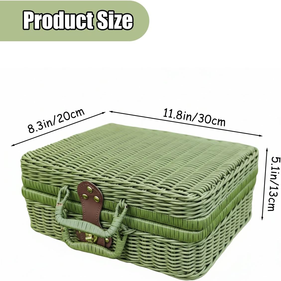 Imitation Wicker Picnic Basket, Small Picnic Basket Imitation Metal Lock Rattan Storage Box with Handles, Imitation Wicker Baskets with Handles for Travel Camping Outdoor Party (Dark Green) - Image 2