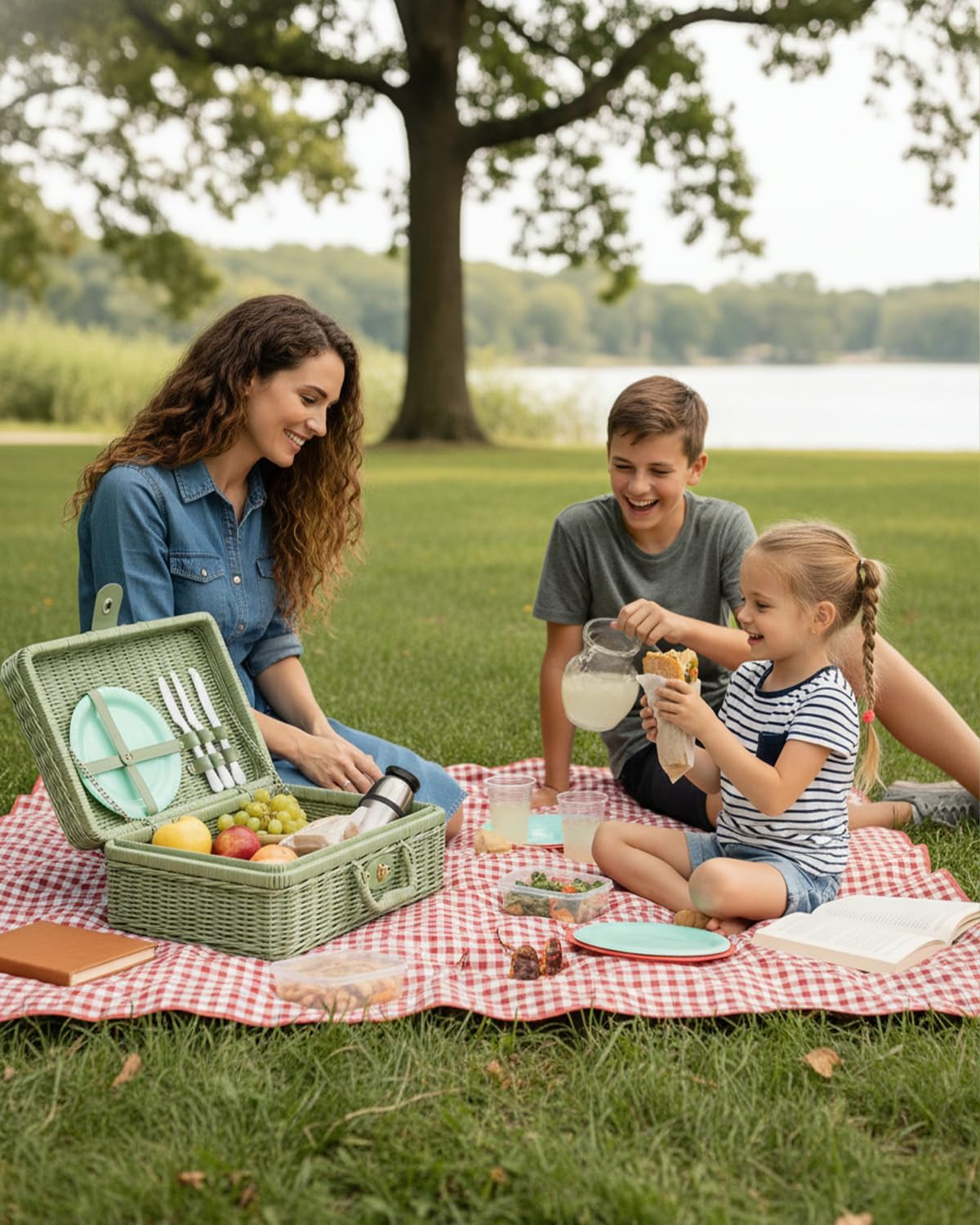 Imitation Wicker Picnic Basket, Small Picnic Basket Imitation Metal Lock Rattan Storage Box with Handles, Imitation Wicker Baskets with Handles for Travel Camping Outdoor Party (Dark Green) - Image 3