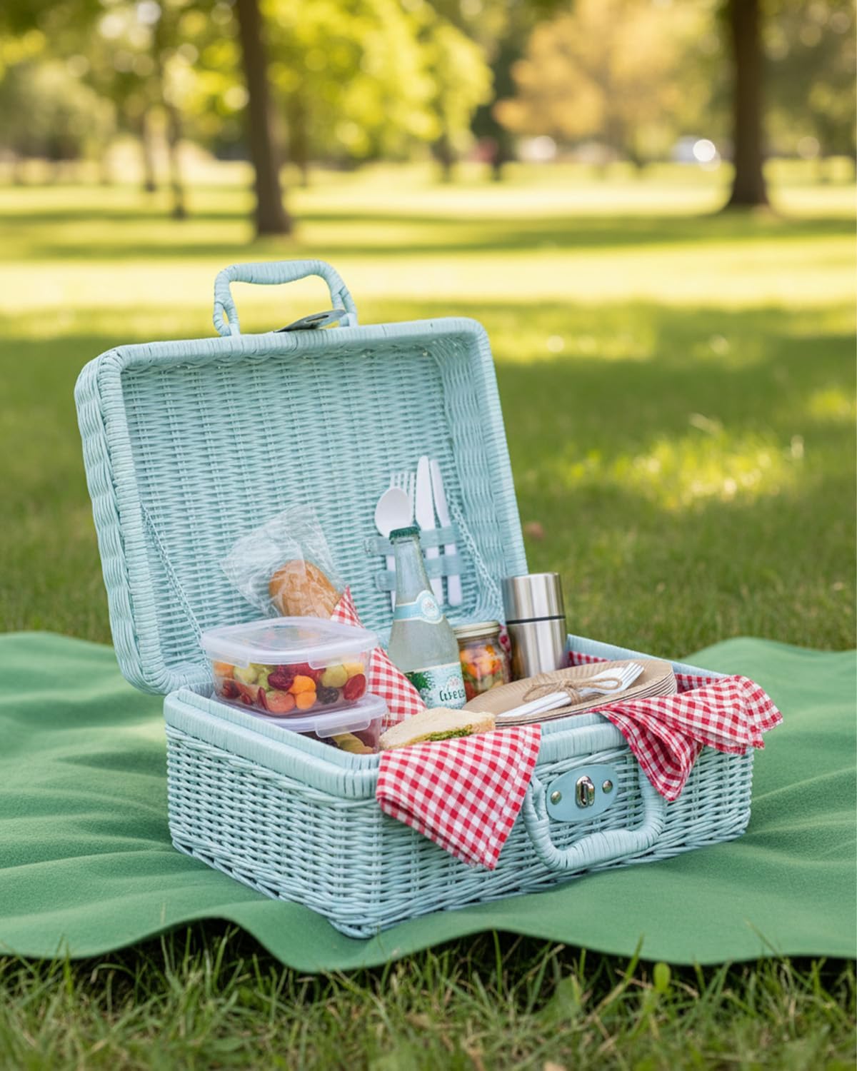 Imitation Wicker Picnic Basket, Small Picnic Basket Imitation Metal Lock Rattan Storage Box with Handles, Imitation Wicker Baskets with Handles for Travel Camping Outdoor Party (Dark Green) - Image 7