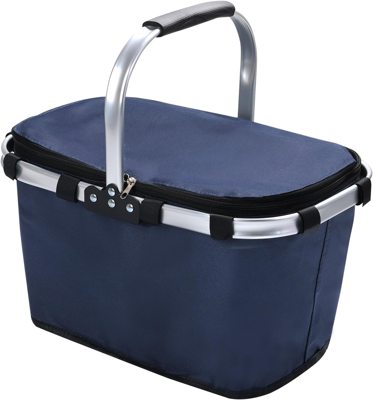 Picnic Basket with Handle,Large Foldable Insulated Cooler Picnic Basket,Grocery Shopping Basket for Travel Camping Market Bag,Navy Blue