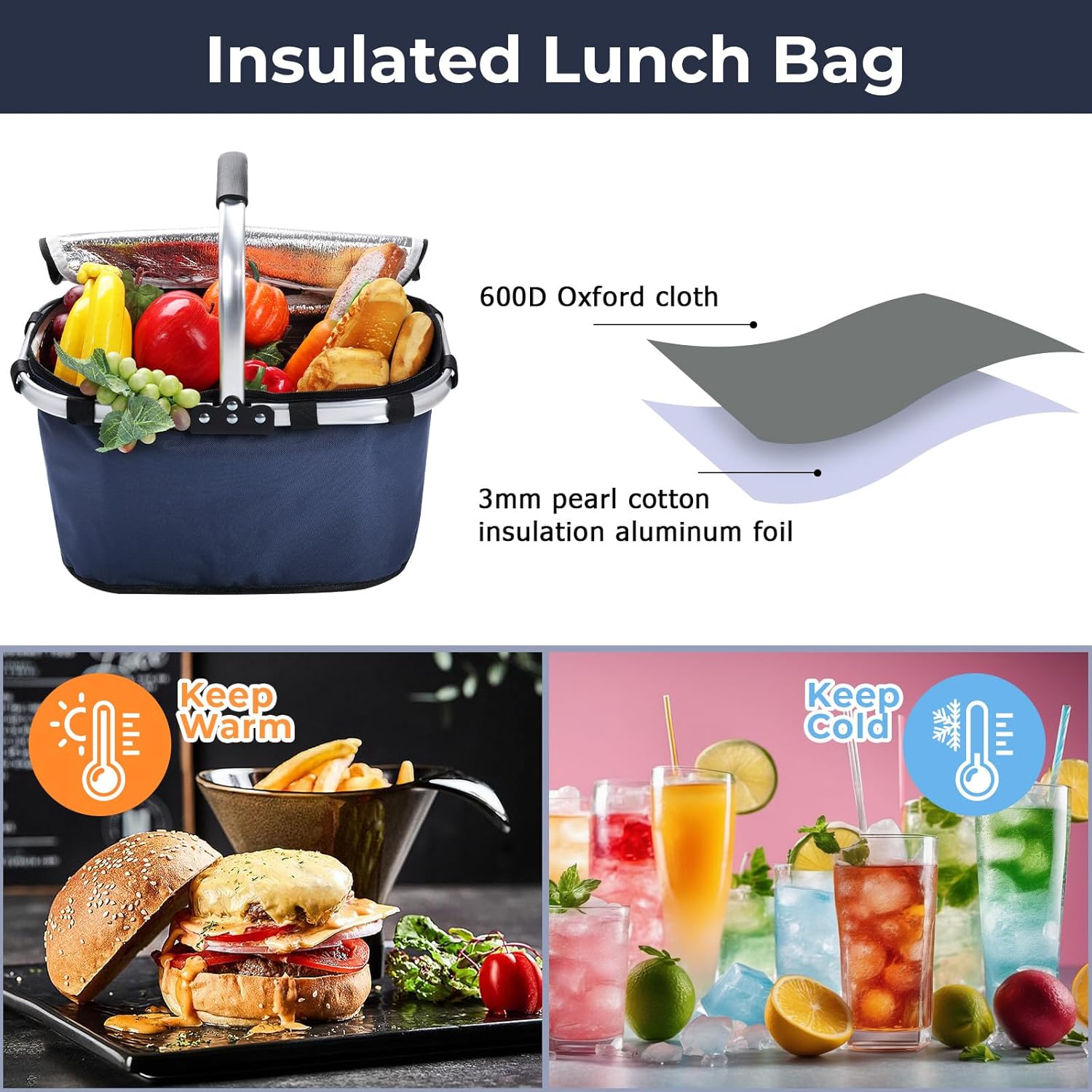 Picnic Basket with Handle,Large Foldable Insulated Cooler Picnic Basket,Grocery Shopping Basket for Travel Camping Market Bag,Navy Blue - Image 3