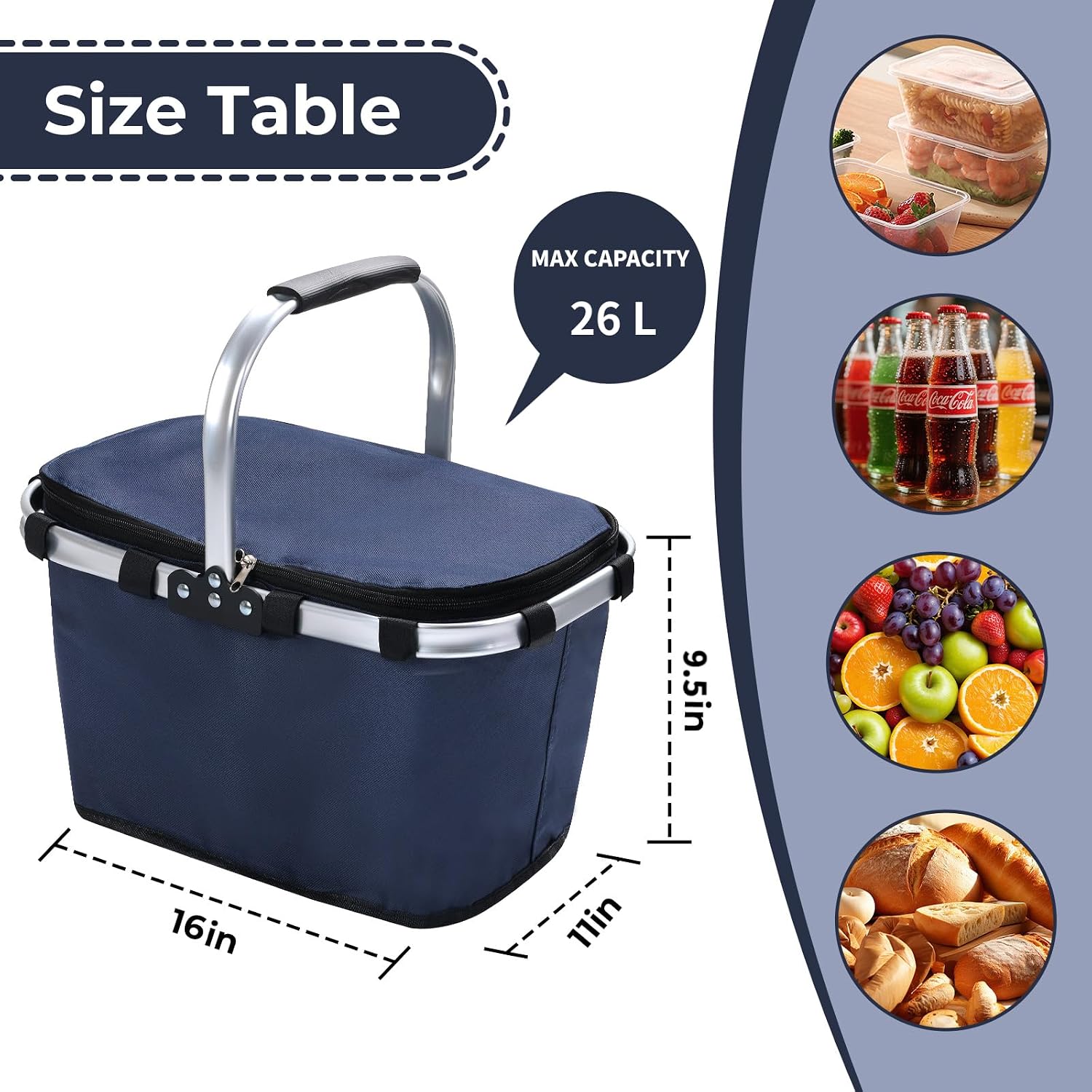 Picnic Basket with Handle,Large Foldable Insulated Cooler Picnic Basket,Grocery Shopping Basket for Travel Camping Market Bag,Navy Blue - Image 4