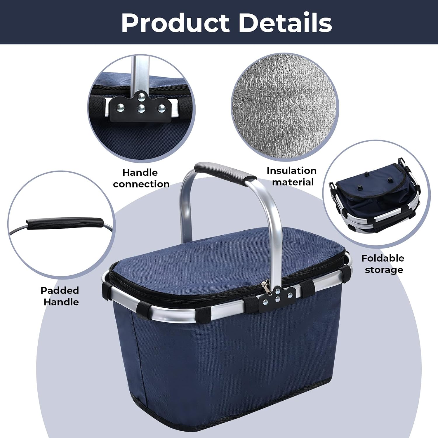 Picnic Basket with Handle,Large Foldable Insulated Cooler Picnic Basket,Grocery Shopping Basket for Travel Camping Market Bag,Navy Blue - Image 5