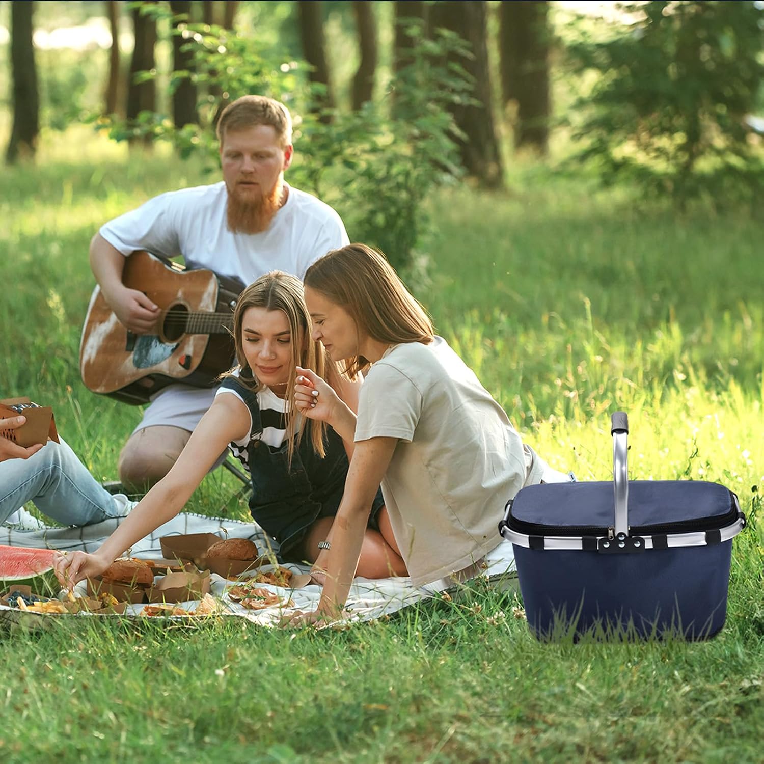 Picnic Basket with Handle,Large Foldable Insulated Cooler Picnic Basket,Grocery Shopping Basket for Travel Camping Market Bag,Navy Blue - Image 6