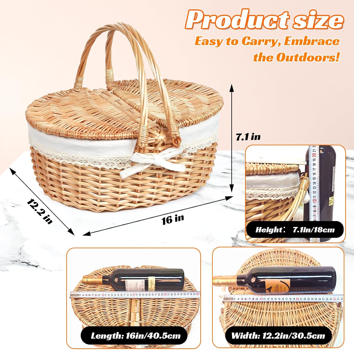 Hap Tim Wicker Picnic Basket for 2 with Lid - Unique Gifts Ideas for Couple, Engagement, Wedding, Bridal Shower, Family, Christmas - White Elephant Gifts for Adults(Y2408-B1) - Image 2