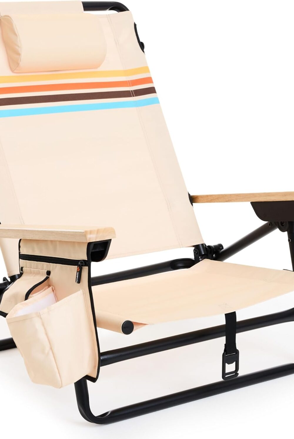 WOVN Premium Reclining Beach Chairs - Portable Lay Flat Folding Beach Chair for Adults - Includes Shoulder Backpack Strap, Pillow, 2 Pockets, and Cup Holder - Drifter