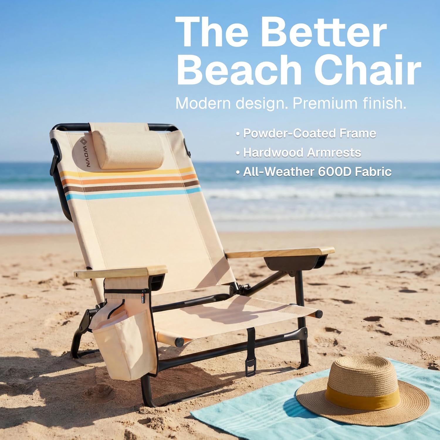 WOVN Premium Reclining Beach Chairs - Portable Lay Flat Folding Beach Chair for Adults - Includes Shoulder Backpack Strap, Pillow, 2 Pockets, and Cup Holder - Drifter - Image 2