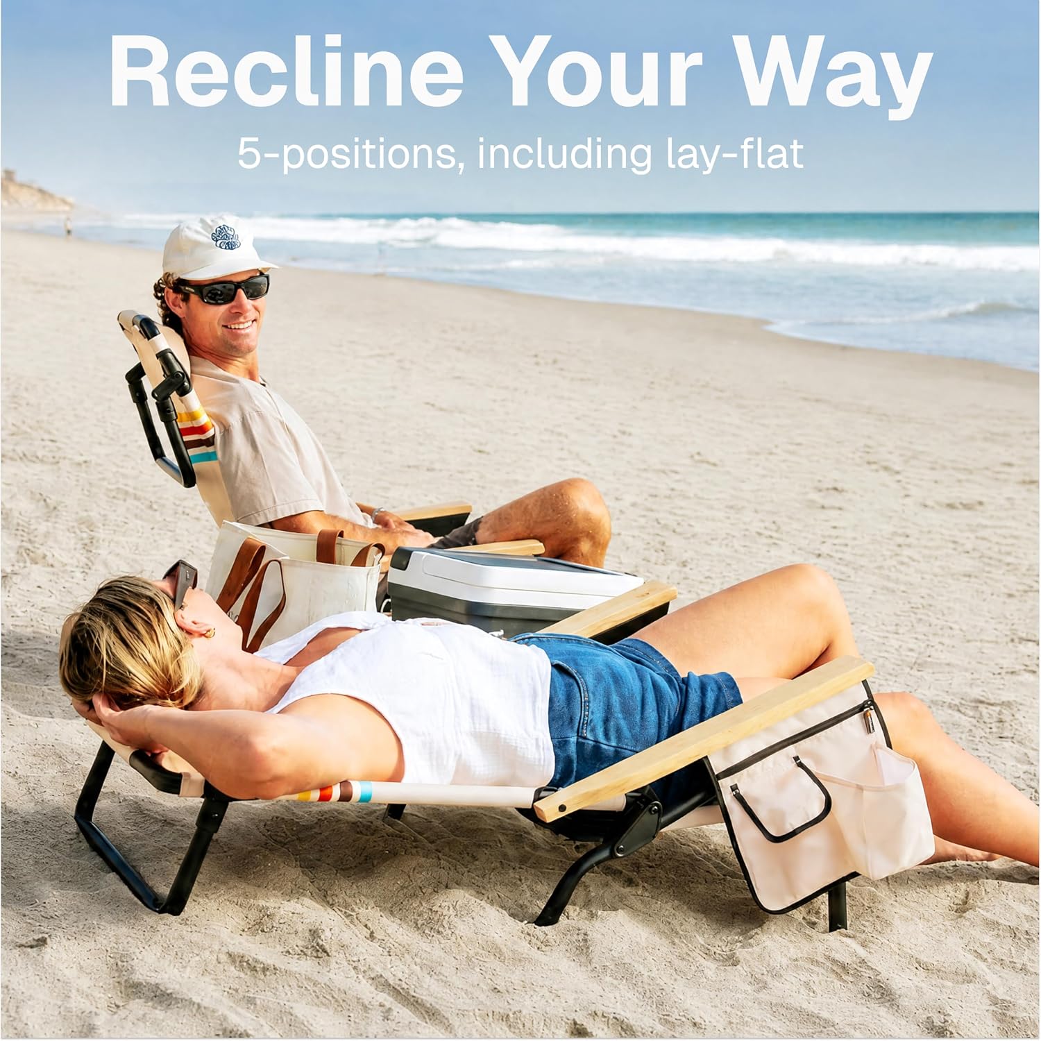 WOVN Premium Reclining Beach Chairs - Portable Lay Flat Folding Beach Chair for Adults - Includes Shoulder Backpack Strap, Pillow, 2 Pockets, and Cup Holder - Drifter - Image 4