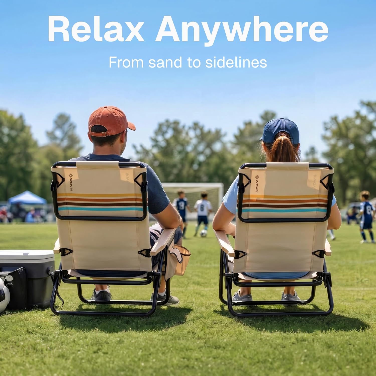 WOVN Premium Reclining Beach Chairs - Portable Lay Flat Folding Beach Chair for Adults - Includes Shoulder Backpack Strap, Pillow, 2 Pockets, and Cup Holder - Drifter - Image 6