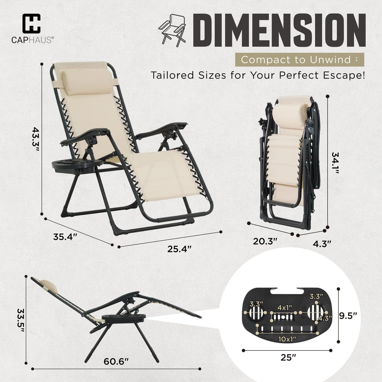 CAPHAUS Beige Zero Gravity Reclining Lounge Outdoor Chair, Zero Gravity Recliner, Anti-Gravity Chair for Indoor & Outdoor, Folding Reclining Chair w/Side Tray, Beige - Image 3