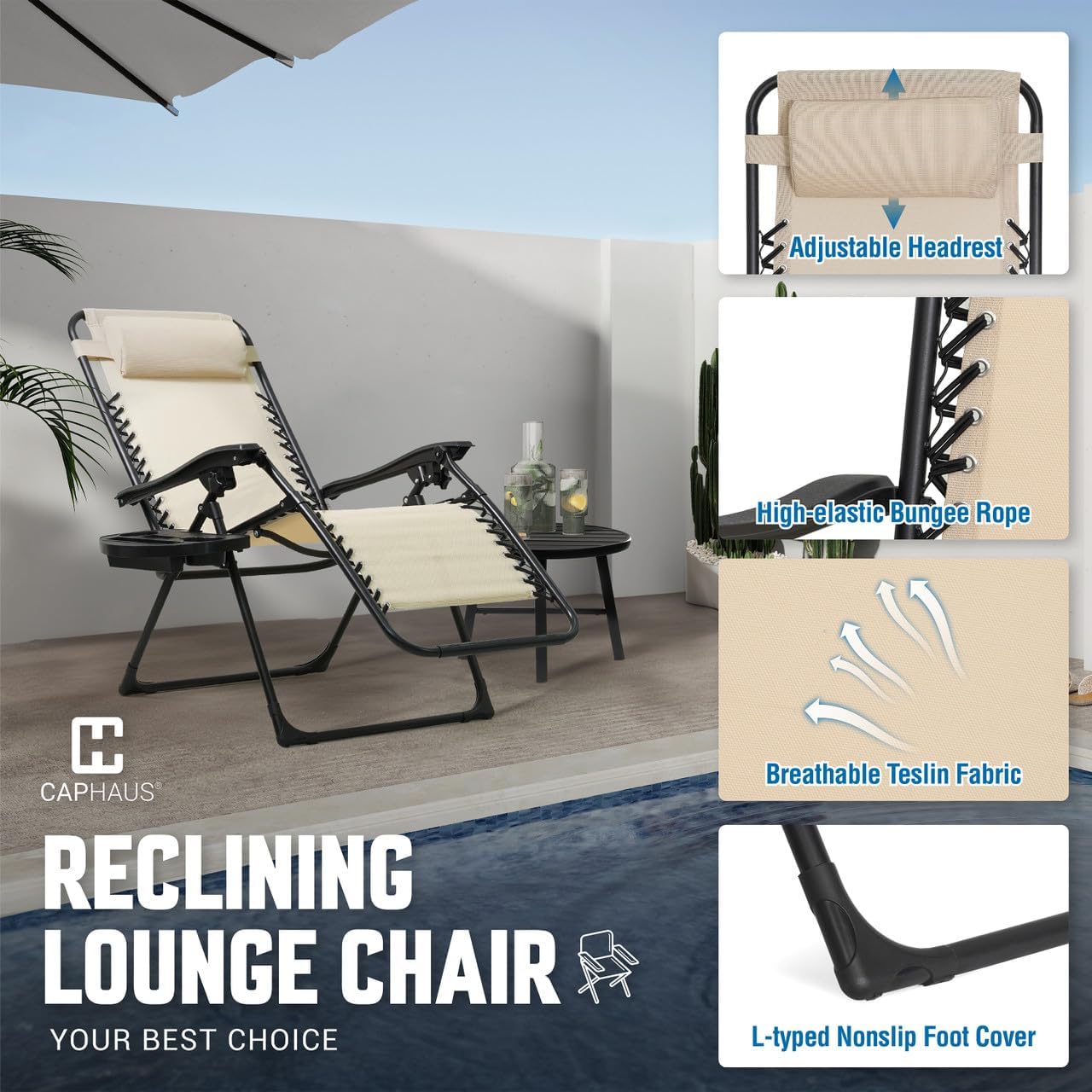 CAPHAUS Beige Zero Gravity Reclining Lounge Outdoor Chair, Zero Gravity Recliner, Anti-Gravity Chair for Indoor & Outdoor, Folding Reclining Chair w/Side Tray, Beige - Image 4