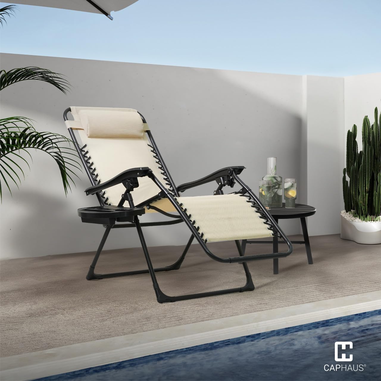 CAPHAUS Beige Zero Gravity Reclining Lounge Outdoor Chair, Zero Gravity Recliner, Anti-Gravity Chair for Indoor & Outdoor, Folding Reclining Chair w/Side Tray, Beige - Image 9
