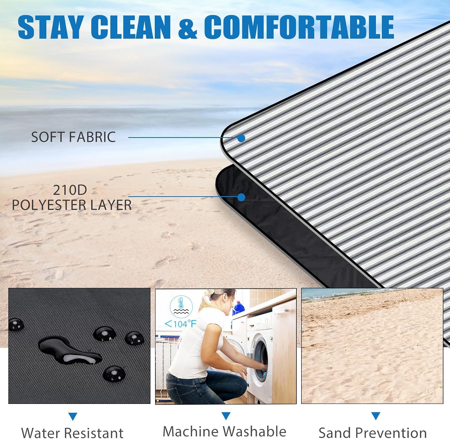 G GOOD GAIN Waterproof Picnic Blankets Outdoor Machine Washable, Berry Blue | Portable Camping Blanket, Sandproof, with Carry Strap, 78x57 inch Large Beach Mat, for Park, Grass, Hiking, Concerts, Indoor - Image 4