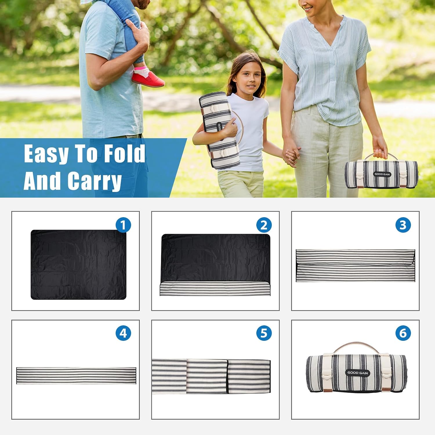G GOOD GAIN Waterproof Picnic Blankets Outdoor Machine Washable, Berry Blue | Portable Camping Blanket, Sandproof, with Carry Strap, 78x57 inch Large Beach Mat, for Park, Grass, Hiking, Concerts, Indoor - Image 6